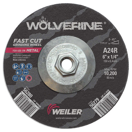 Weiler 6"x1/4" Wolverine Type 27 Grinding Wheel A24R 5/8"-11 Nut 56279