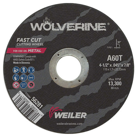 Weiler 4-1/2"x.045" Wolverine Type 1 Cut-Off Wheel A60T 7/8" A.H. 56281