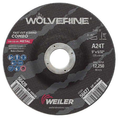 WEILER 5"x1/8" Wolverine Type 27 Cut/Grind Combo Wheel A24T 7/8" A.H. 56428