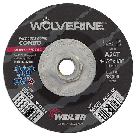 WEILER 4-1/2"x1/8" Wolverine Type 27 Cut/Grind Combo Wheel A24T 5/8"-11 Nut 56429