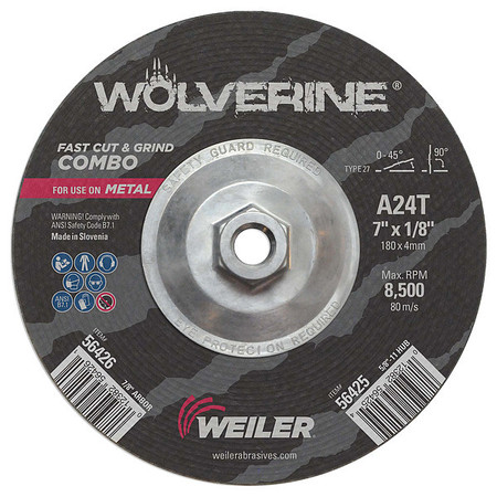 WEILER 7"x1/8" Wolverine Type 27 Cut/Grind Combo Wheel A24T 5/8"-11 Nut 56425