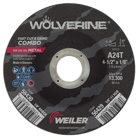 WEILER 4-1/2"x1/8" Wolverine Type 27 Cut/Grind Combo Wheel A24T 7/8" A.H. 56430