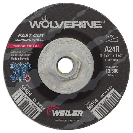 WEILER 4-1/2"x1/4" Wolverine Type 27 Grinding Wheel A24R 5/8"-11 Nut 56454