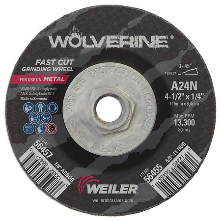 Weiler 4-1/2"x1/4" Wolverine Type 27 Grinding Wheel A24N 5/8"-11 Nut 56455