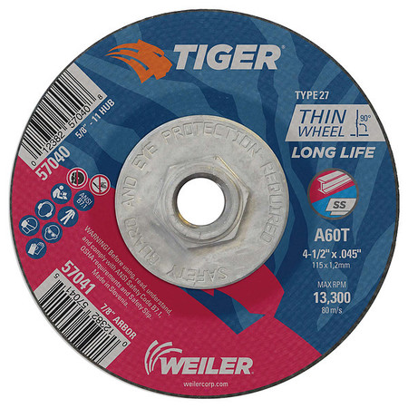 TIGER 4-1/2"x.045" TIGER AO Type 27 Cutting Wheel A60T 5/8"-11 Nut 57040