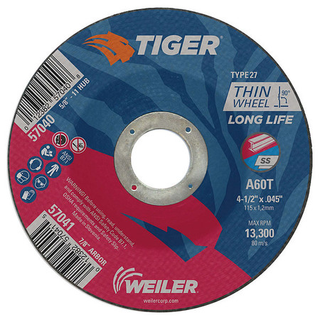 TIGER 4-1/2"x.045" TIGER AO Type 27 Cutting Wheel A60T 7/8" A.H. 57041