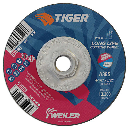 Tiger 4-1/2"x3/32" TIGER AO Type 27 Cutting Wheel A36S 5/8"-11 Nut 57080