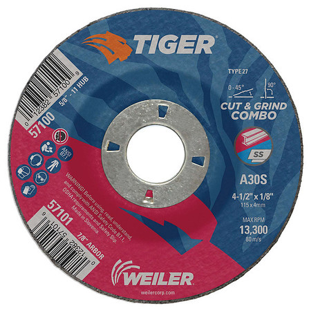 TIGER 4-1/2"x1/8" TIGER AO Type 27 Cut/Grind Combo Wheel A30S 7/8" A.H. 57101