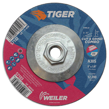 TIGER 5"x1/8" TIGER AO Type 27 Cut/Grind Combo Wheel A30S 5/8"-11 Nut 57102