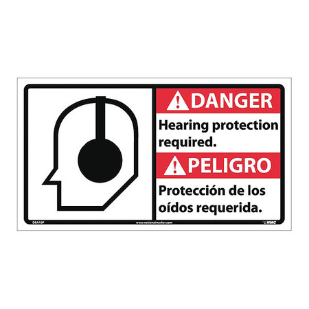 NMC Danger Hearing Protection Required Sign, 10 in Height, 18 in Width, Pressure Sensitive Vinyl DBA10P