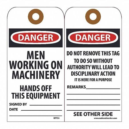NMC Danger Men Working On Machinery Hands Off This Equipment Tag, Pk25 RPT31G