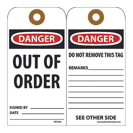NMC Danger Out Of Order Tag, Pk25 RPT25AG