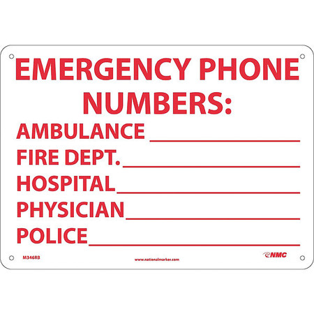 NMC Emergency Phone Numbers Sign, M346RB M346RB