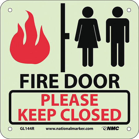 NMC Fire Door Please Keep Closed Glow Sign, 7 in Height, 7 in Width, Glow Rigid GL144R