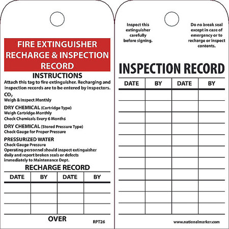 NMC Fire Extinguisher Recharge & Inspection Record Tag, Pk25 RPT26