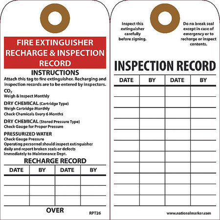 NMC Fire Extinguisher Recharge & Inspection Record Tag, Pk25 RPT26G