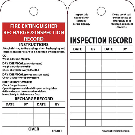 NMC Fire Extinguisher Recharge & Inspection Record Tag, Pk25 RPT26ST