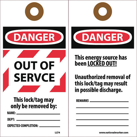NMC Laminated Out Of Service Lockout Tag, Pk25 LLT4