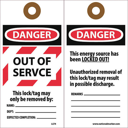 Nmc Laminated Out Of Service Lockout Tag, Pk25 LLT4