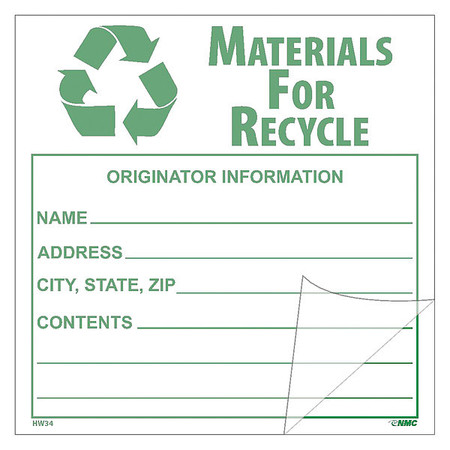 NMC Materials For Recycle Self-Laminating Label, Pk25 HW34SL25