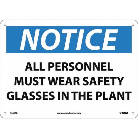 NMC Sign, All Personnel Must Wear Safety Gls, 10 in Height, 14 in Width, Aluminum N242AB