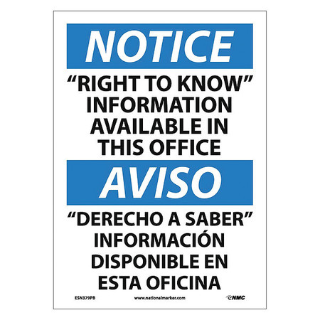 NMC Sign, Notice, Right To Know, Info Avail, 14 in Height, 10 in Width, Pressure Sensitive Vinyl ESN379PB