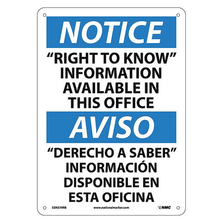 NMC Sign, Notice, Right To Know, Info Avail, 14 in Height, 10 in Width, Rigid Plastic ESN379RB