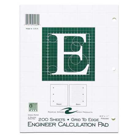 ROARING SPRING Case of Engineering Pad, 8.5"x11", 200 sht, Green Paper, 5x5 Graph, 3-Hole Punched, Heavy Backing 95589cs