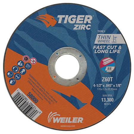 Weiler 4-1/2"x.045" TIGER ZIRC Type 1 Cut-Off Wheel Z60T 7/8" A.H. 58000