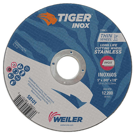 TIGER INOX 5"x.045" TIGER INOX Type 1 Cut-Off Wheel INOX60S 7/8" A.H. 58101