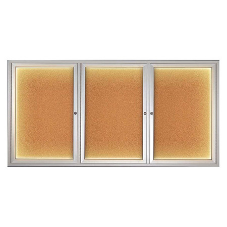 UNITED VISUAL PRODUCTS Corkboard, Lighted, Cork, 3 Door, 72 x 36" UV318ILED-SATIN-CORK