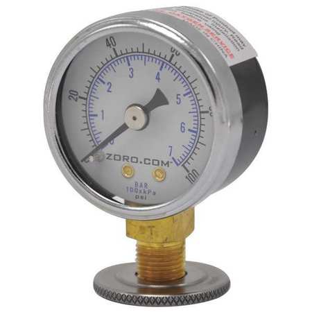Zoro Pressure Gauge, 1.5", 0-100, LM, 1/8" NPT, 0 to 100 psi, 1/8" NPT, Black painted steel, Black G6397688