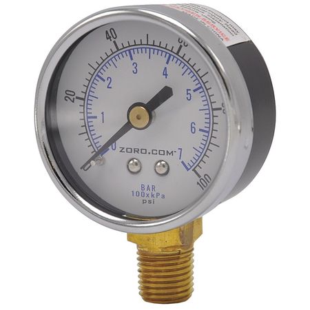 Zoro Pressure Gauge, 2", 0-100, LM, 1/4" NPT, 0 to 100 psi, 1/4" NPT, Black painted steel, Black G6397651