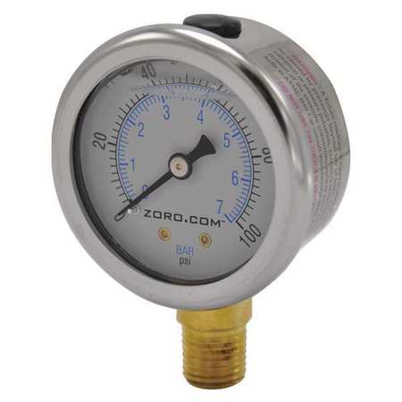 Zoro Pressure Gauge, 2", SS, 0-100, 1/4" NPT LF, 0 to 100 psi, 1/4" NPT, Stainless Steel, Silver G6397618