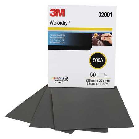 3M Sanding Sheet, 11" L x 9" W, 500 Grit, PK50 7000118291