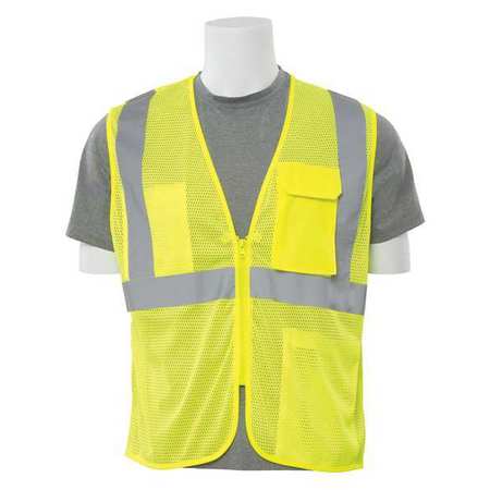Erb Safety Safety Vest, Mesh, Hi-Viz, Lime, Zipper, L 61874