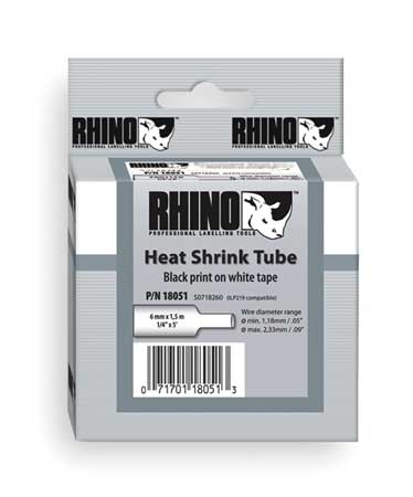 Dymo RHINO (R) Heat Shrink Tube Label 1/2" x 60"H, Black on White 18055