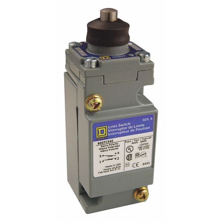 Telemecanique Sensors Heavy Duty Limit Switch, Plunger, 1NC/1NO, 10A @ 600V AC, Actuator Location: Top 9007C54E