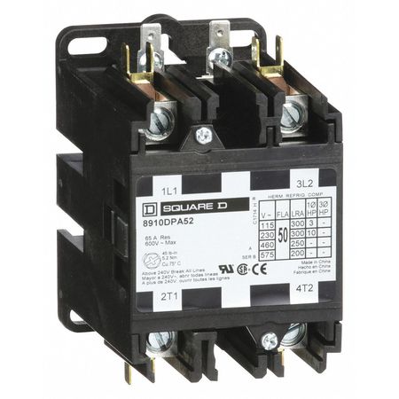 SQUARE D 120VAC Non-Reversing Definite Purpose Contactor 2P 50A 8910DPA52V02