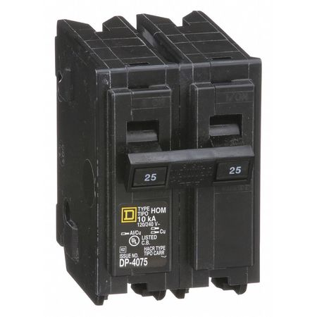 SQUARE D Miniature Circuit Breaker, HOM Series 25A, 2 Pole, 120/240V AC HOM225