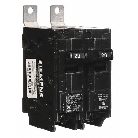 SIEMENS Miniature Circuit Breaker, BL Series 20A, 2 Pole, 120/240V AC B220H