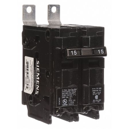 SIEMENS Miniature Circuit Breaker, BL Series 15A, 2 Pole, 120/240V AC B215H