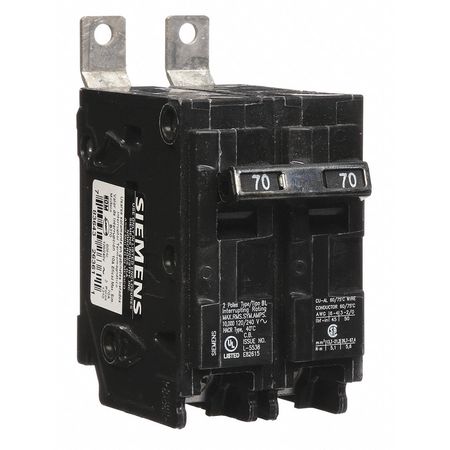 SIEMENS Miniature Circuit Breaker, BL Series 70A, 2 Pole, 120/240V AC B270