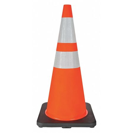 ZORO SELECT Traffic Cone, Standard Shape, PVC, 28 in H, Orange, 2 Reflective Stripes, Black Base 6FHC3