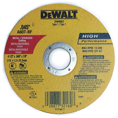 Dewalt Abrasive Cut-Off Wheel, Type 1, 4 1/2 in x 0.045 in x 7/8 in, Aluminum Oxide, 60 Grit, A60T DW8062