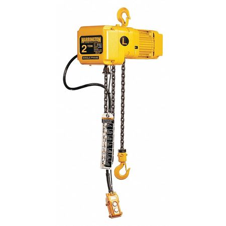 Harrington Electric Chain Hoist, 4,000 lb, 20 ft, Hook Mounted - No Trolley, Yellow SNER020L-20