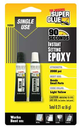 Super Glue Epoxy Adhesive, Instant Setting Epoxy Series, Yellow, Tube, 1:01 Mix Ratio, 10 min Functional Cure 15353-12