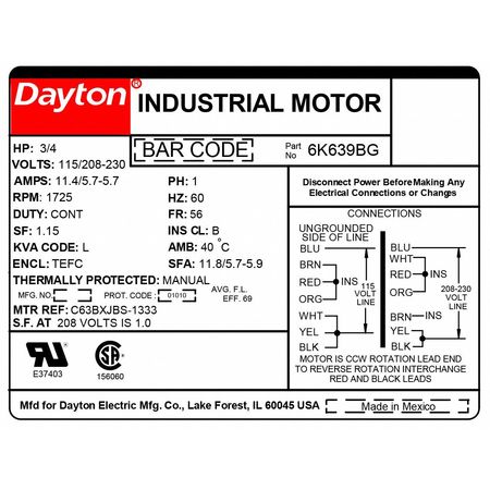 Dayton Capacitor-Start General Purpose Motor, 3/4 HP, 115/208-230V AC Voltage, 56 Frame 6K639