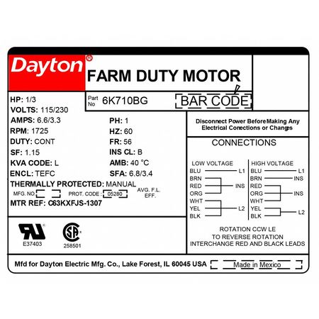 Dayton High Torque Farm Duty Motor, Capacitor-Start, 1/3 HP, 115/230V AC, 1,725 Nameplate RPM, 56 Frame 6K710