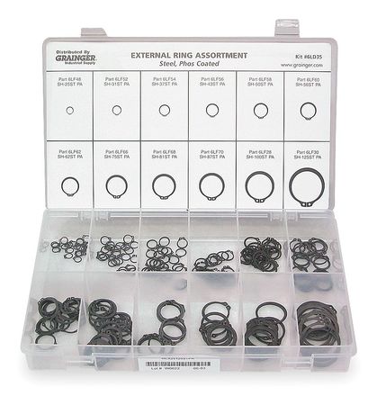 Zoro Select External Retaining Ring Assortment, Steel, Phosphate Finish, 12 Sizes RCX25125STPA